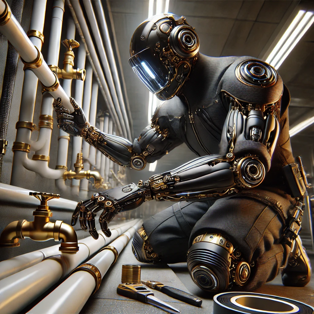 Futuristic plumbing work being done using advanced tools and technology in a sleek, modern setting. The scene is inspired by the provided reference image, showcasing precision and innovation.